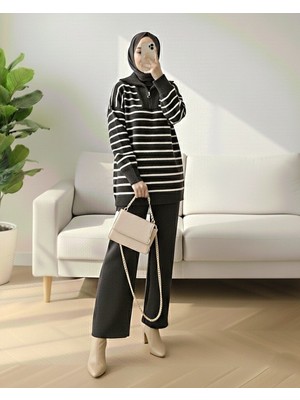 Modamorfo Balıkçı Yaka Fermuarlı Çizgili Triko Takım -Antrasit