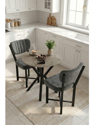 Gold Falez Mutfak Masası 70 Çap 2 Sandalyeli Traverten Görünümlü Balkon Bahçe Cafe Masa Seti Elma 9847 Antrasit