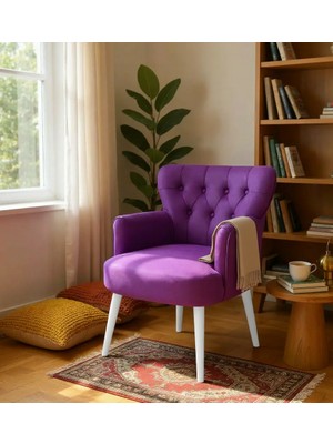 Waterybrook Tekli Berjer Koltuk - Kapitoneli Babyface Kumaş - Beyaz Ahşap Ayaklı -  Retro Modern Tasarım  - 14 Renk Seçeneği