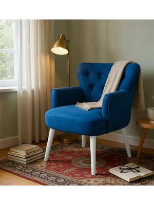 Waterybrook Tekli Berjer Koltuk - Kapitoneli Babyface Kumaş - Beyaz Ahşap Ayaklı -  Retro Modern Tasarım  - 14 Renk Seçeneği