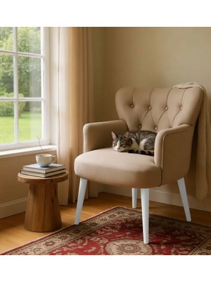 Waterybrook Tekli Berjer Koltuk - Kapitoneli Babyface Kumaş - Beyaz Ahşap Ayaklı -  Retro Modern Tasarım  - 14 Renk Seçeneği