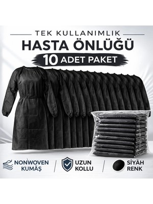 Cansa Tek Kullanımlık Hasta Önlüğü 10 Adet Nonwoven Kumaş Uzun Kollu Standart Beden Siyah