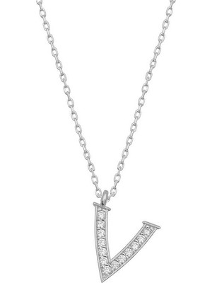 Pazarcan Gümüş Rodyum V Harfi Kadın Kolye