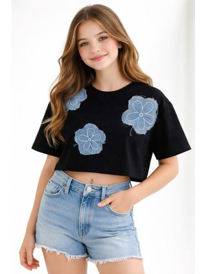 Miniğimin Cicileri 10-16 Yaş Kompak Kot Çiçekli T-Shirt Kız Çocuk - Siyah