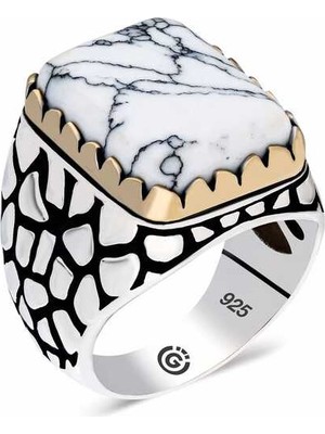 Pazarcan ​gümüş Desenli Beyaz Taşlı Köşeli Erkek Yüzük