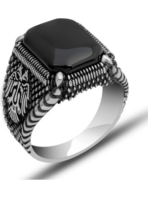 Pazarcan Gümüş Çift Başlı Kartal Oniks Erkek Yüzük