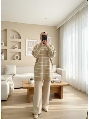 Modamorfo Ince Çizgili Yırtmaçlı Triko Tunik -Vizon