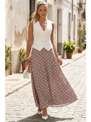 Madmext Bej Puantiyeli Maxi Kadın Saten Etek MG2725