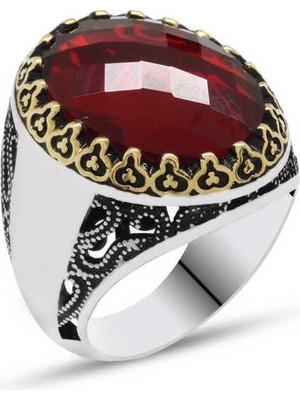 Pazarcan Gümüş Kırmızı Zirkon Taşlı Erkek Yüzük