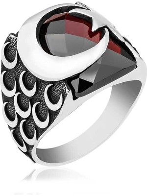 Pazarcan ​gümüş Kırmızı Kesme Taşlı Ay Yıldız Erkek Yüzük