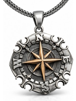 Pazarcan Gümüş Oksitli Pusula Erkek Kolye