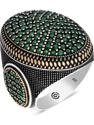 Pazarcan Gümüş Yeşil Zirkon Taşlı Oval Erkek Yüzük