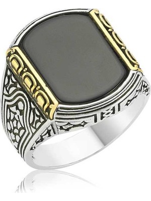 Pazarcan Gümüş Siyah Taşlı Erkek Yüzük