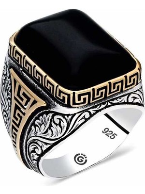 Pazarcan Gümüş Oniks Siyah Taşlı Kare Erkek Yüzük