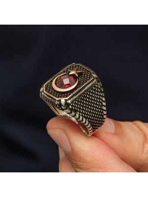 Pazarcan Gümüş Kırmızı Taşlı Ay Yıldız Erkek Yüzük