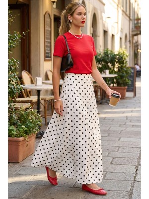 Madmext Beyaz Puantiyeli Maxi Kadın Saten Etek MG2725