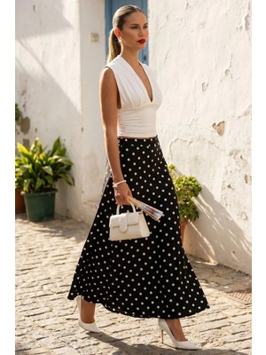 Madmext Siyah Puantiyeli Maxi Kadın Saten Etek MG2725