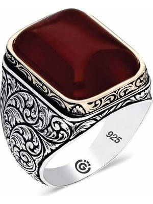 Pazarcan ​gümüş Zirkon Koyu Bordo Taşlı Kare Erkek Yüzük