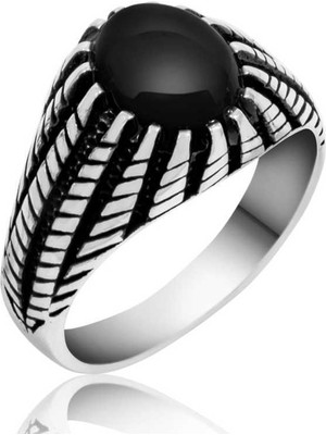 Pazarcan Gümüş Siyah Taşlı Erkek Yüzük