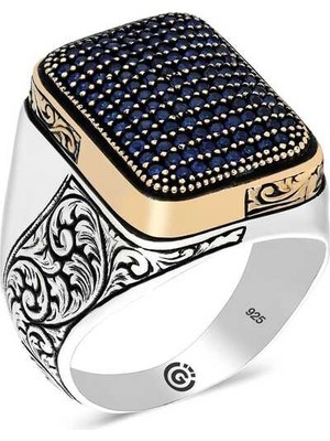 Pazarcan Gümüş Lacivert Zirkon Taşlı Kare Erkek Yüzük