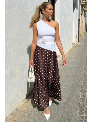 Madmext Kahverengi Puantiyeli Maxi Kadın Saten Etek MG2725