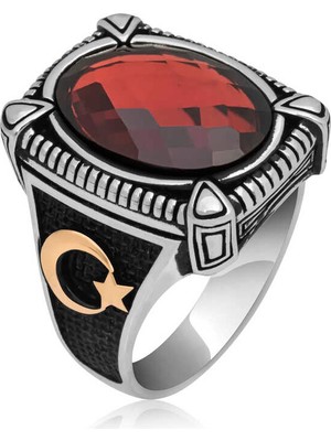 Pazarcan Gümüş Kırmızı Zirkon Taşlı Erkek Yüzük