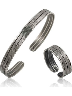 Pazarcan Gümüş Çizgi Desenli Bileklik Yüzük Set