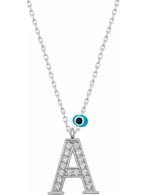 Pazarcan Gümüş Nazar Rodyum A Harfi Kadın Kolye