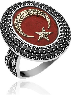 Pazarcan Gümüş Göktürkçe Alfabesi Yazılı Ay Yıldız Bayan Yüzük