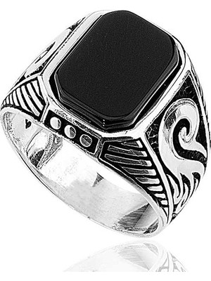 Pazarcan Gümüş Siyah Taşlı Erkek Yüzük
