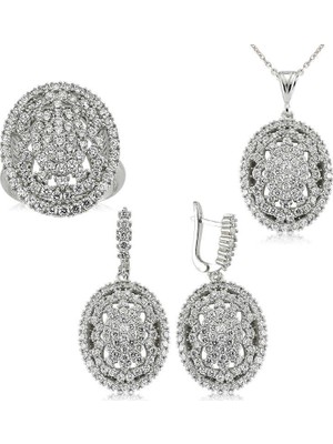 Pazarcan Gümüş Beyaz Taşlı Bayan Set