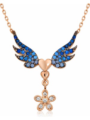 Pazarcan Gümüş Çiçekli Kanatlı Kalpli Kolye