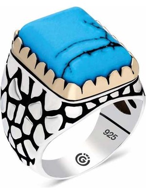 Pazarcan Gümüş Zirkon Turkuaz Taşlı Kare Erkek Yüzük