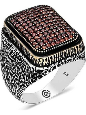 Pazarcan Gümüş Kırmızı Zirkon Taşlı Kare Erkek Yüzük