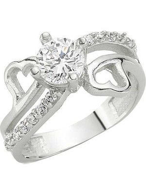 Pazarcan Gümüş Kalpli Tek Taş Bayan Yüzük