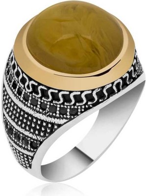 Pazarcan Gümüş Sıkma Kehribar Taşlı Erkek Yüzük