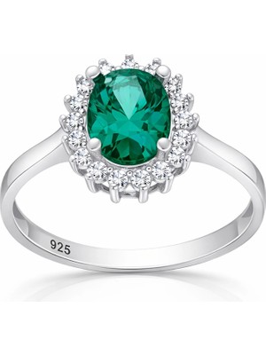 Pazarcan Gümüş Koyu Yeşil Taşlı Oval Kadın Yüzük