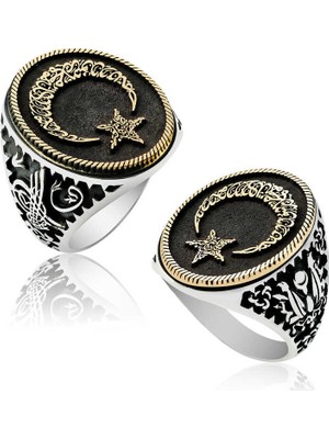 Pazarcan Gümüş Göktürkçe Alfabesi Yazılı Ay Yıldız Erkek Yüzük