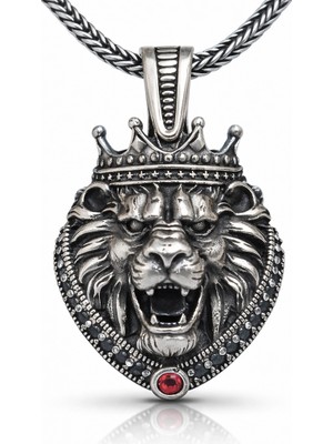 Pazarcan Gümüş Taçlı Aslan Figürlü Erkek Kolye