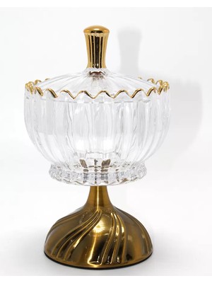 Fta Ticaret Metal Ayaklı Kristal Cam Şekerlik Gold Detaylı Sunumluk