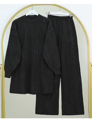 Modamorfo Bisiklet Yaka Balon Kol Triko Takım  -Siyah