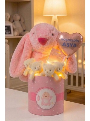 Sole Kişiye Özel Balonlu Peluş Tavşanlı LED Işıklı 5'li Ayıcık Buketi | Baby Shower Kız Bebek Hediyesi