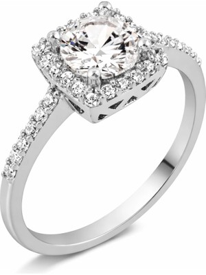 Pazarcan Gümüş Kare Tek Taş Bayan Yüzük