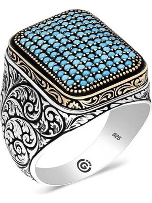 Pazarcan Gümüş Turkuaz Zirkon Taşlı Kare Erkek Yüzük