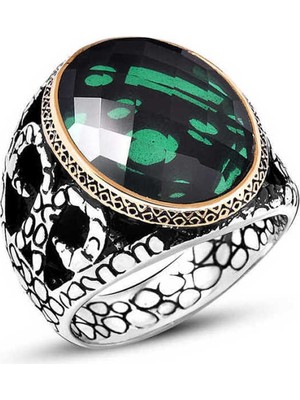 Pazarcan Gümüş Yeşil Zirkon Taşlı Erkek Yüzük