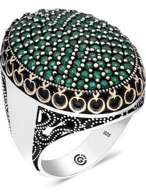 Pazarcan Gümüş Yeşil Zirkon Taşlı Oval Erkek Yüzük