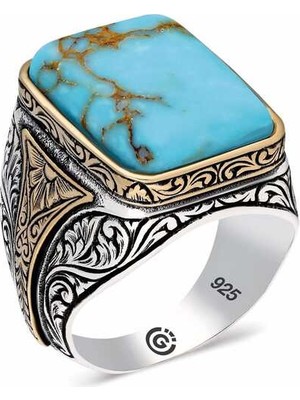 Pazarcan ​gümüş Zirkon Turkuaz Taşlı Kare Erkek Yüzük
