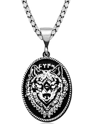 Pazarcan Gümüş Siyah Zeminli Kurt Motifli Göktürkçe Türk Yazılı Kolye