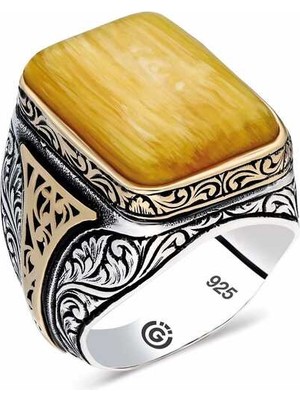 Pazarcan ​gümüş Sıkma Kehribar Kare Erkek Yüzük