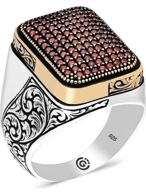 Pazarcan Gümüş Kırmızı Zirkon Taşlı Kare Erkek Yüzük